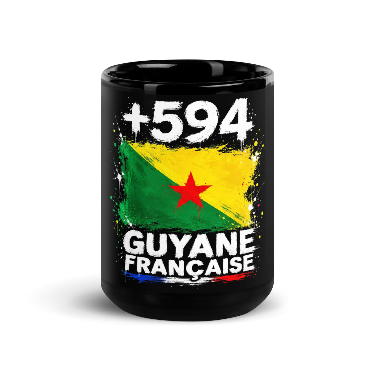 Mug Guyane +594 - Noir avec drapeau floqué effet éclaboussure de peinture - vue de face - Indicatif Fier