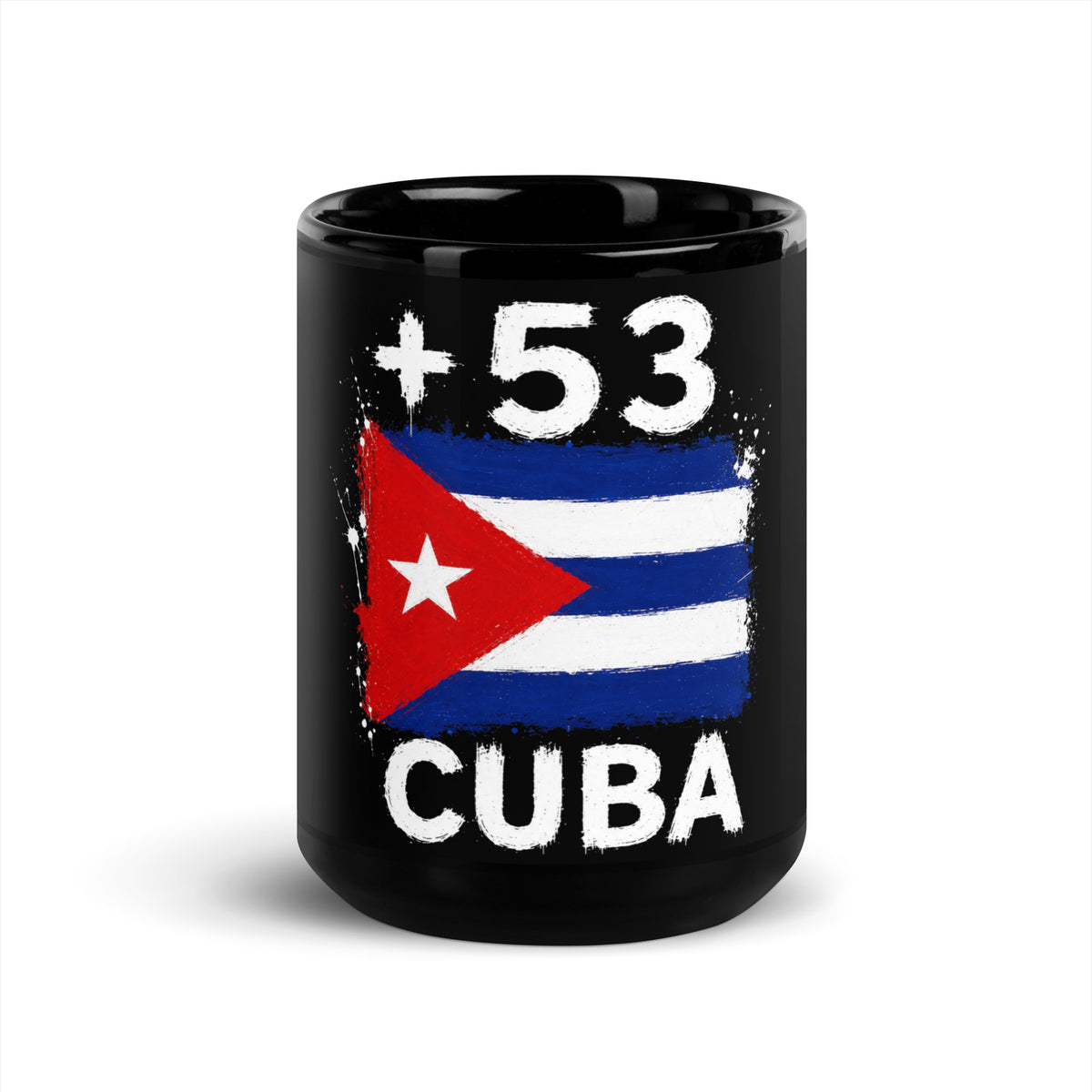 Mug Cuba +53 - Noir avec drapeau floqué effet éclaboussure de peinture - vue de face - Indicatif Fier