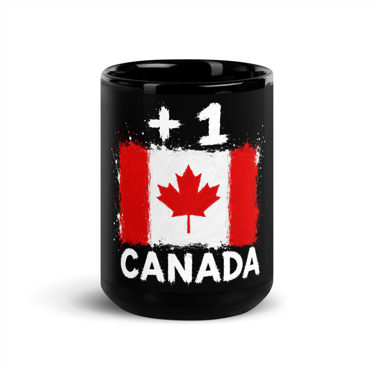 Mug Canada +1 - Noir avec drapeau floqué effet éclaboussure de peinture - vue de face - Indicatif Fier