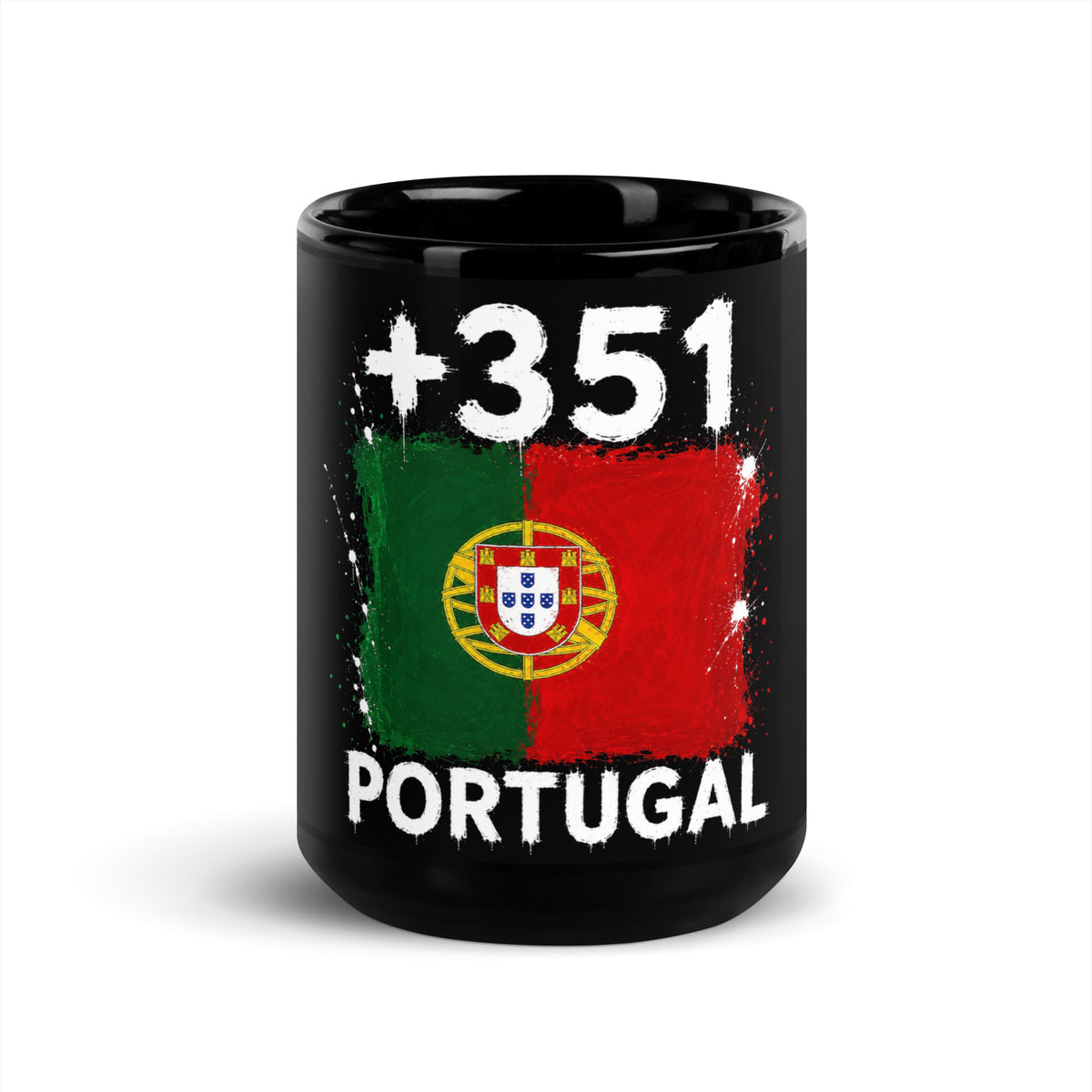Mug Portugal +351 - Noir avec drapeau floqué effet éclaboussure de peinture - vue de face - Indicatif Fier