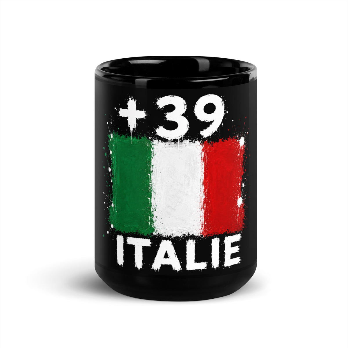 Mug Italie +39 - Noir avec drapeau floqué effet éclaboussure de peinture - vue de face - Indicatif Fier