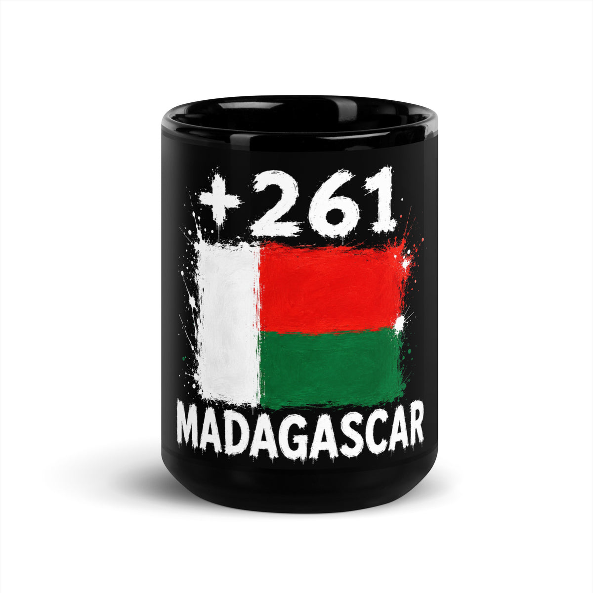 Mug Madagascar +261 - Noir avec drapeau floqué effet éclaboussure de peinture - vue de face - Indicatif Fier