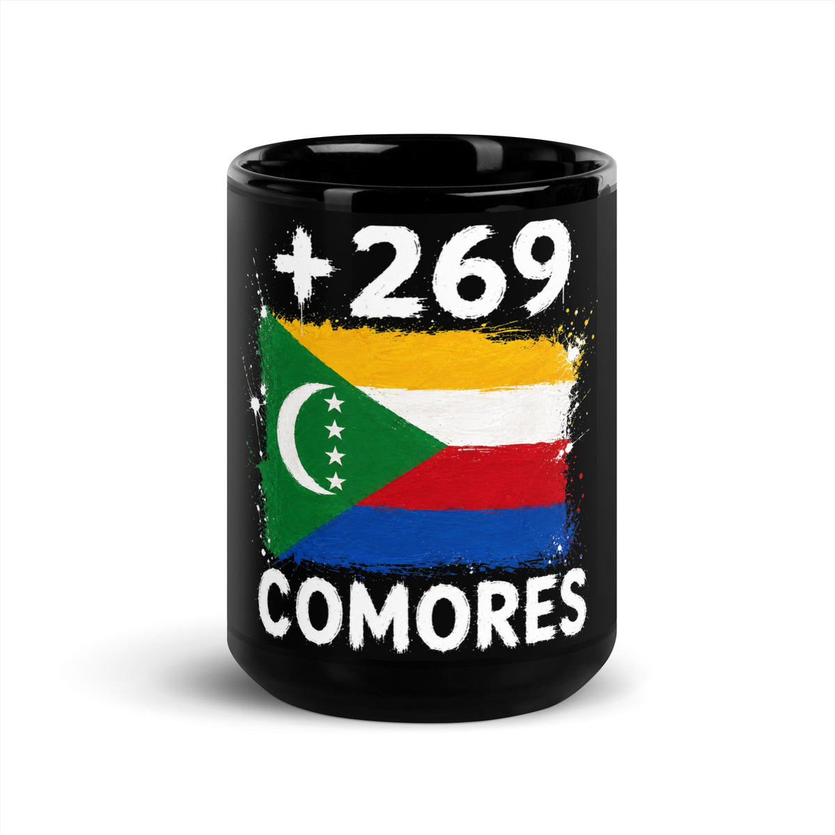Mug Comores +269 - Noir avec drapeau floqué effet éclaboussure de peinture - vue de face - Indicatif Fier