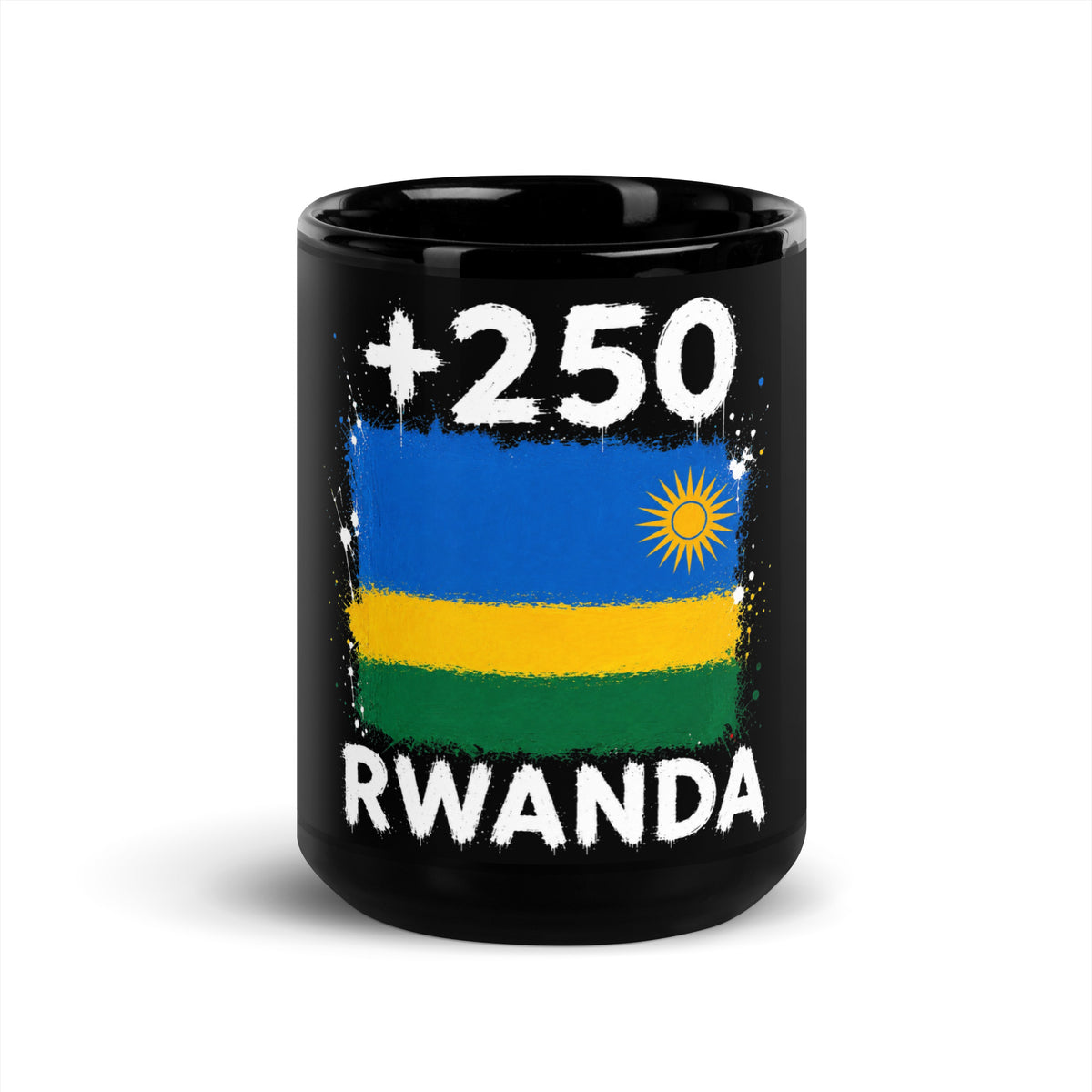 Mug Rwanda +250 - Noir avec drapeau floqué effet éclaboussure de peinture - vue de face - Indicatif Fier