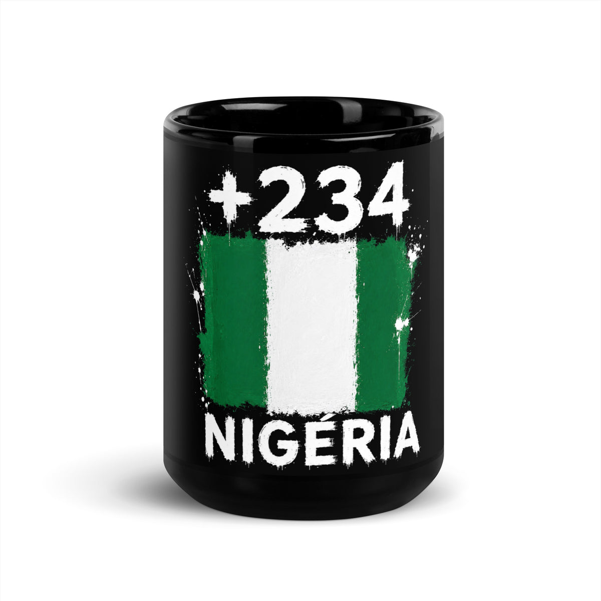 Mug Nigeria +234 - Noir avec drapeau floqué effet éclaboussure de peinture - vue de face - Indicatif Fier