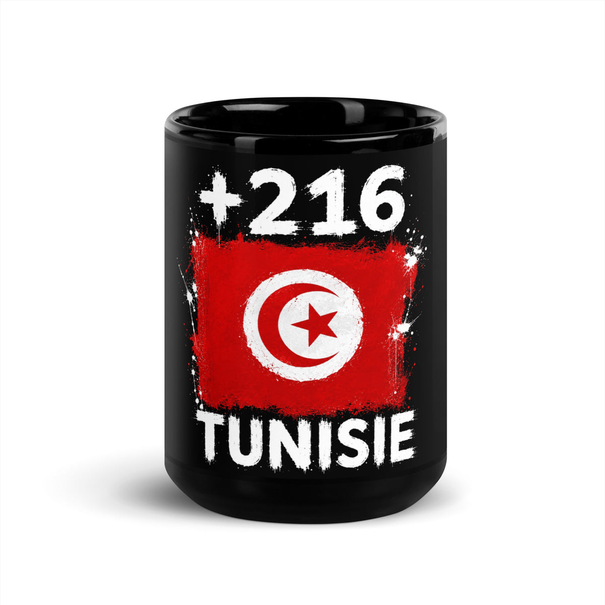 Mug Tunisie +216 - Noir avec drapeau floqué effet éclaboussure de peinture - vue de face - Indicatif Fier