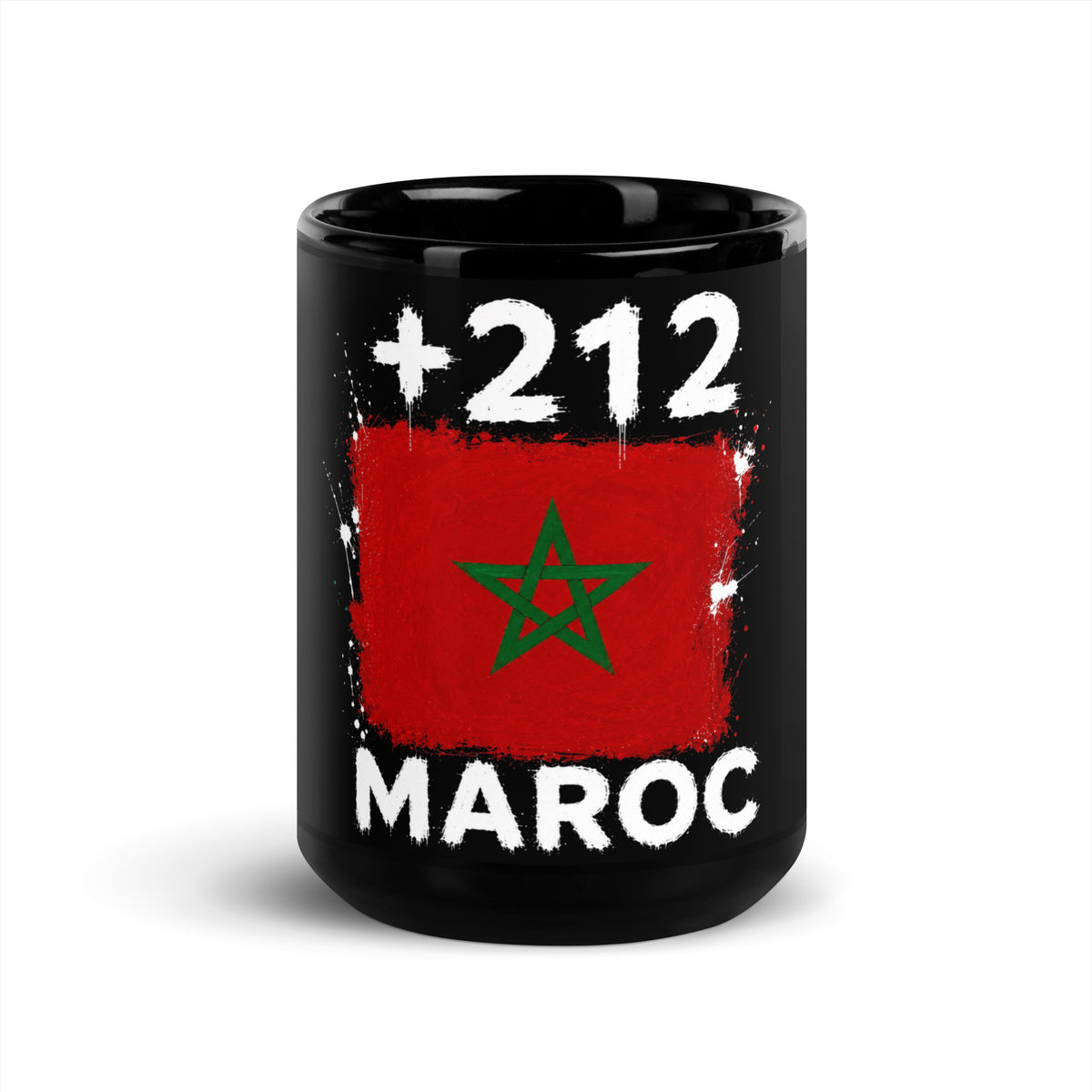 Mug Maroc +212 - Noir avec drapeau floqué effet éclaboussure de peinture - vue de face - Indicatif Fier