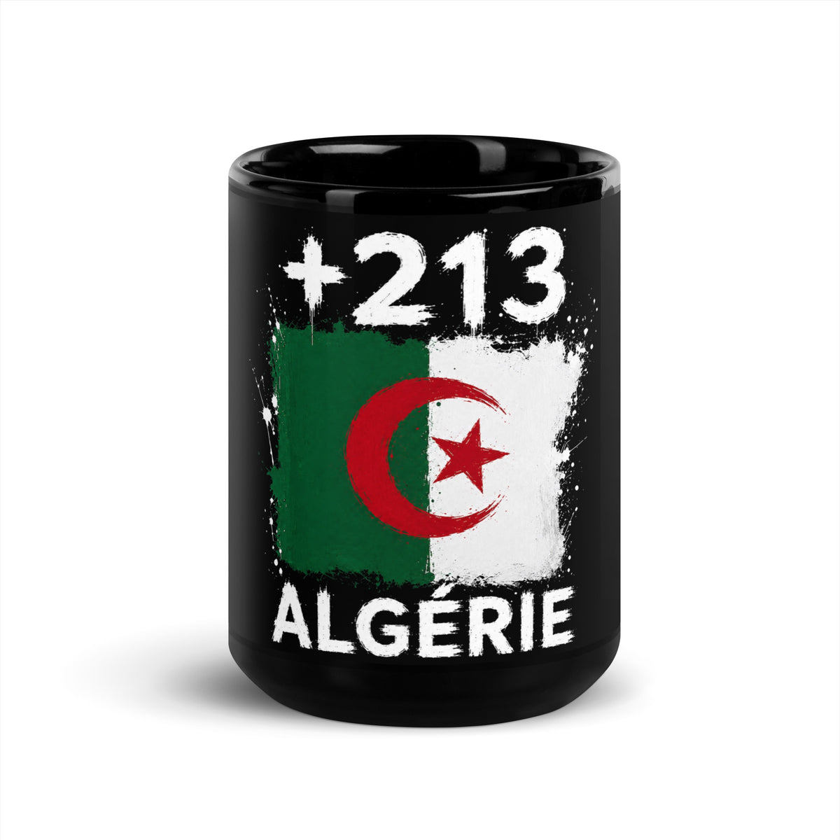 Mug Algérie +213 - Noir avec drapeau floqué effet éclaboussure de peinture - vue de face - Indicatif Fier
