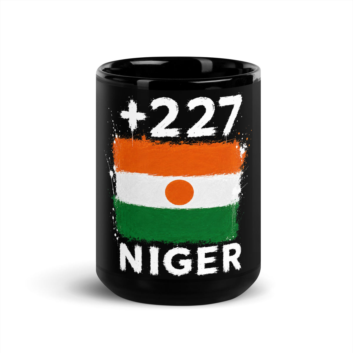 Mug Niger +227 - Noir avec drapeau floqué effet éclaboussure de peinture - vue de face - Indicatif Fier