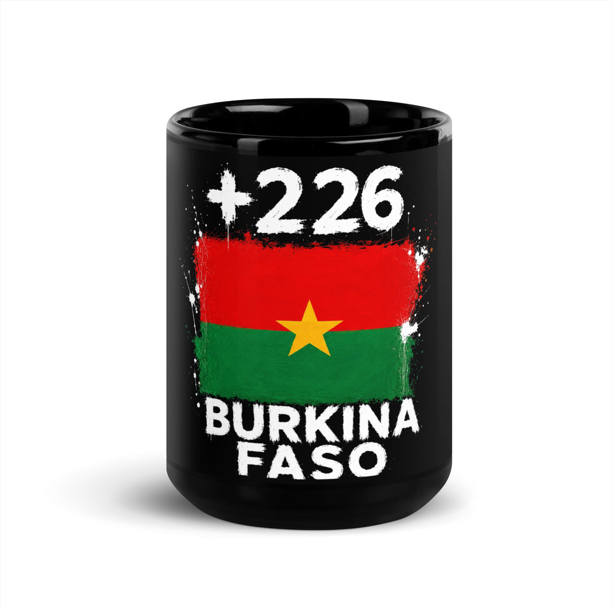 Mug Burkina Faso +226 - Noir avec drapeau floqué effet éclaboussure de peinture - vue de face - Indicatif Fier