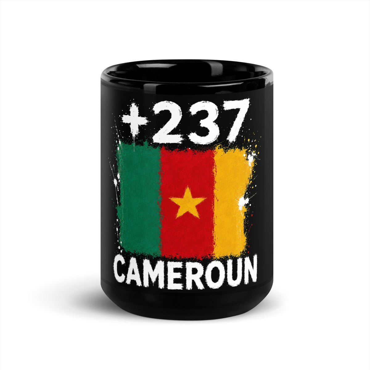 Mug Cameroun +237 - Noir avec drapeau floqué effet éclaboussure de peinture - vue de face - Indicatif Fier
