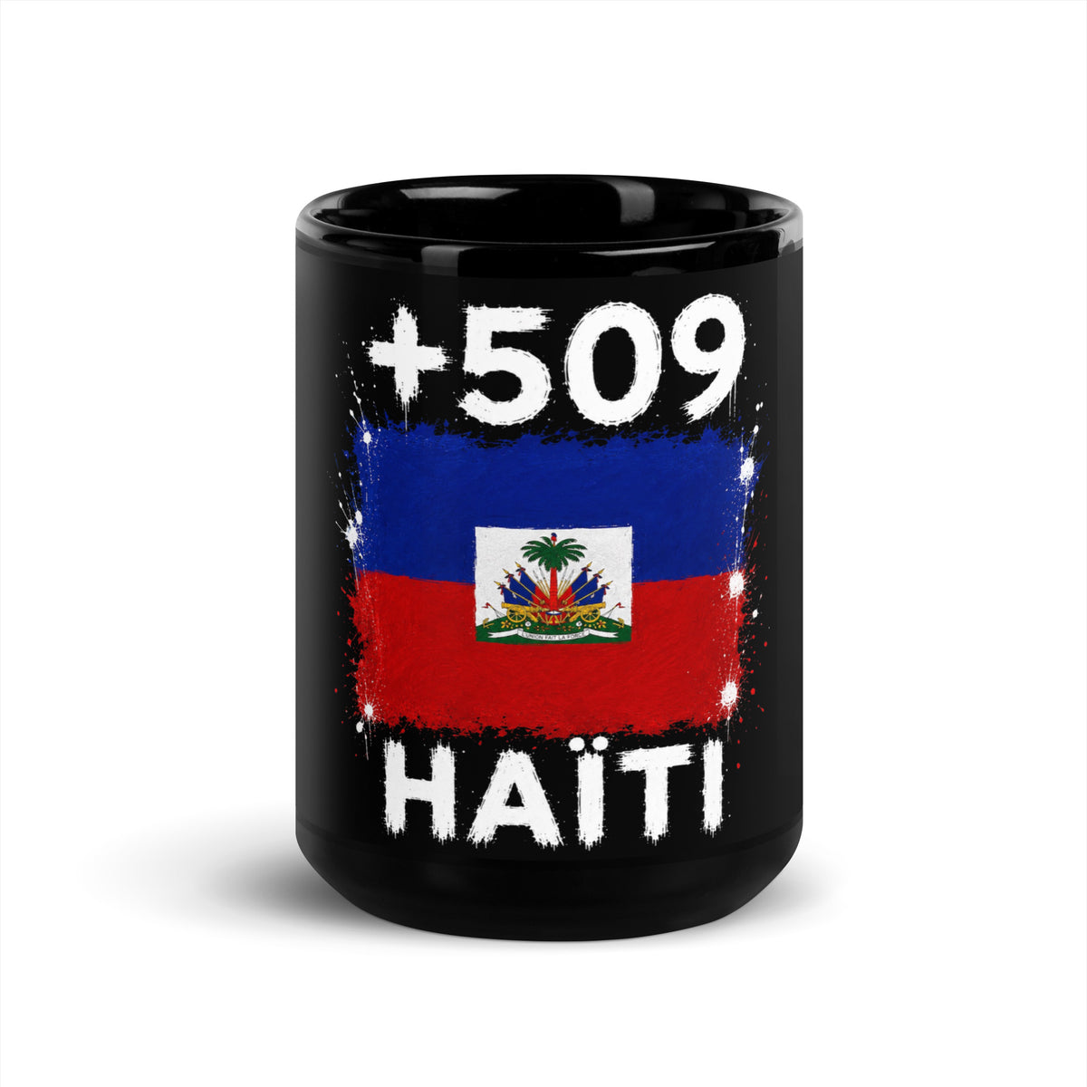 Mug Haïti +509 - Noir avec drapeau floqué effet éclaboussure de peinture - vue de face - Indicatif Fier
