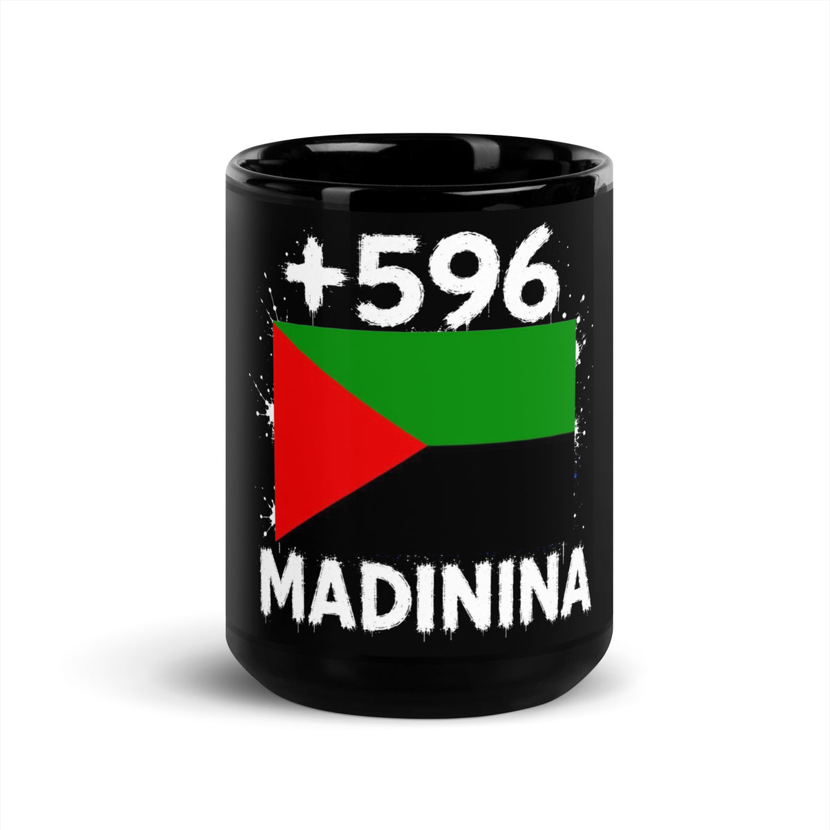 Mug Martinique +596 - Noir avec drapeau floqué effet éclaboussure de peinture - vue de face - Indicatif Fier