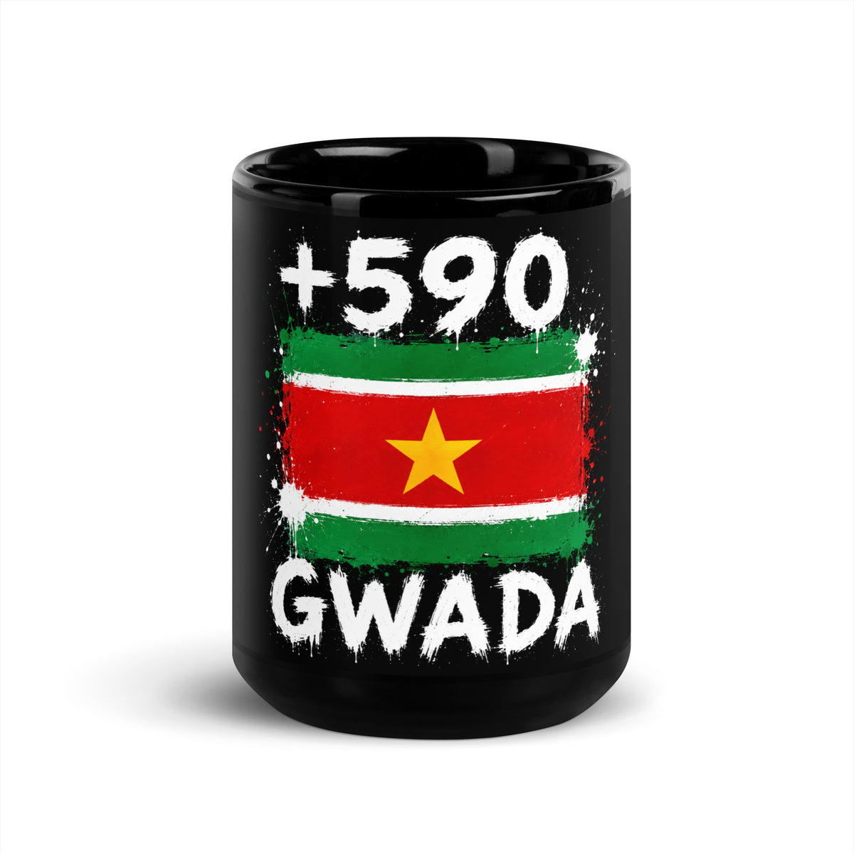 Mug Guadeloupe +590 - Noir avec drapeau floqué effet éclaboussure de peinture - vue de face - Indicatif Fier
