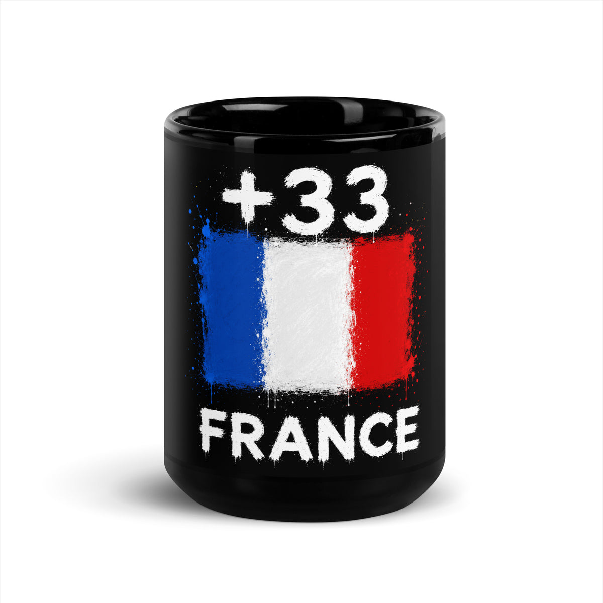 Mug France +33 - Noir avec drapeau floqué effet éclaboussure de peinture - vue de face - Indicatif Fier