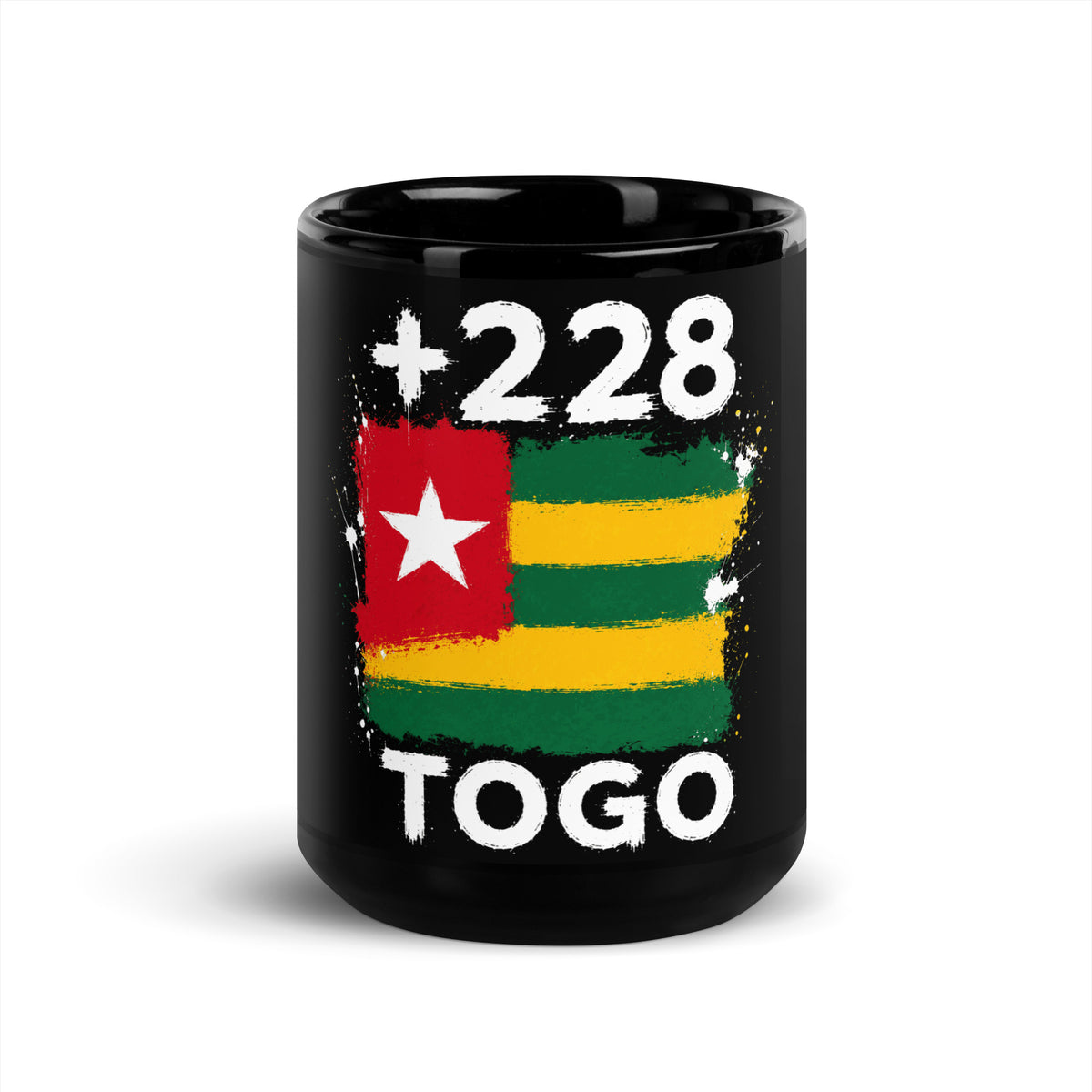 Mug Togo +228 - Noir avec drapeau floqué effet éclaboussure de peinture - vue de face - Indicatif Fier