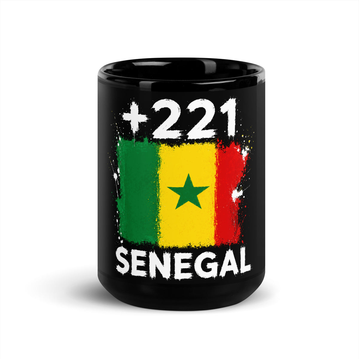 Mug Sénégal +221 - Noir avec drapeau floqué effet éclaboussure de peinture - vue de face - Indicatif Fier
