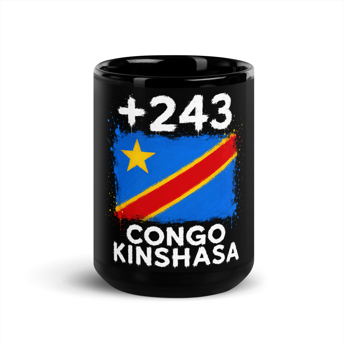 Mug RDC +243 - Noir avec drapeau floqué effet éclaboussure de peinture - vue de face - Indicatif Fier