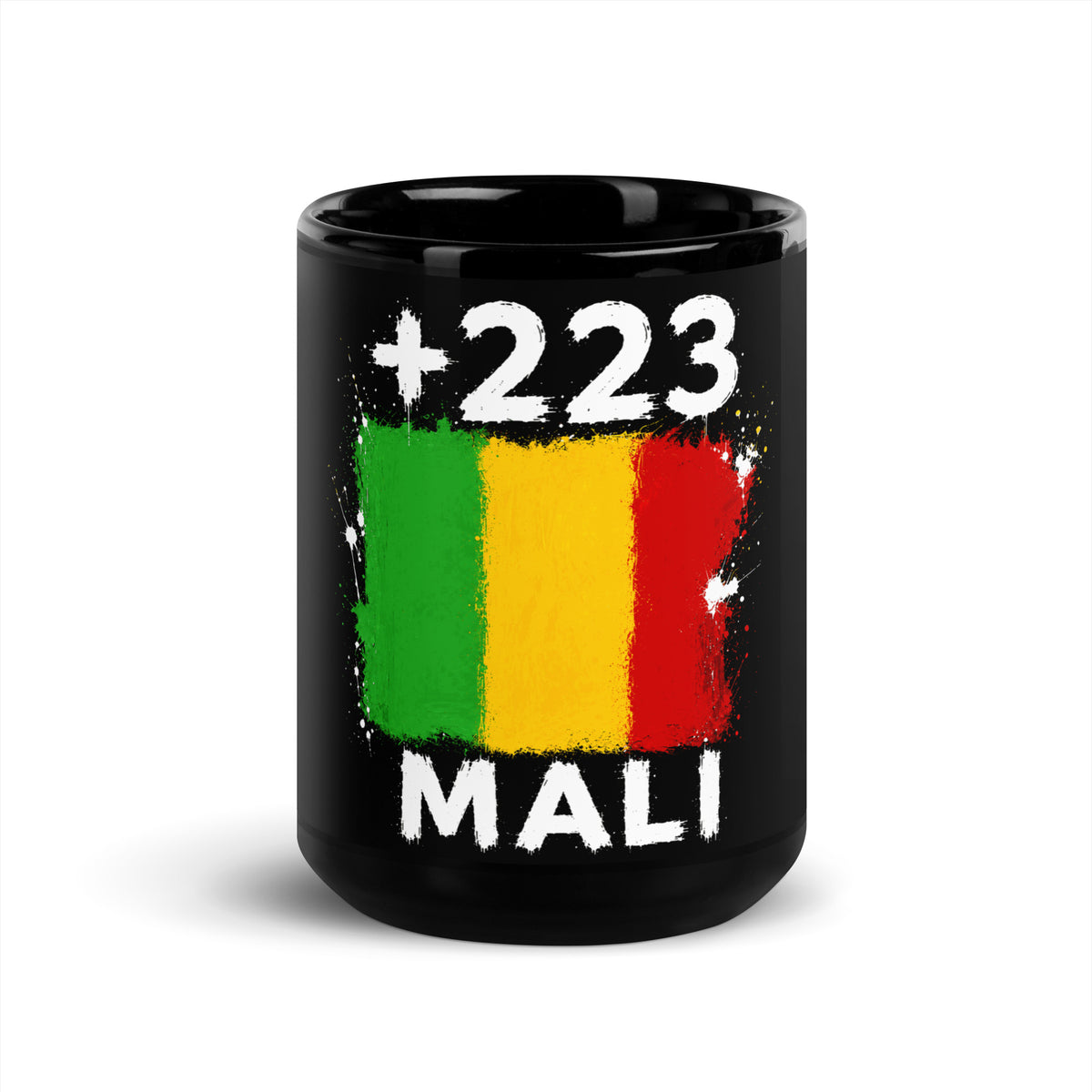 Mug Mali +223 - Noir avec drapeau floqué effet éclaboussure de peinture - vue de face - Indicatif Fier