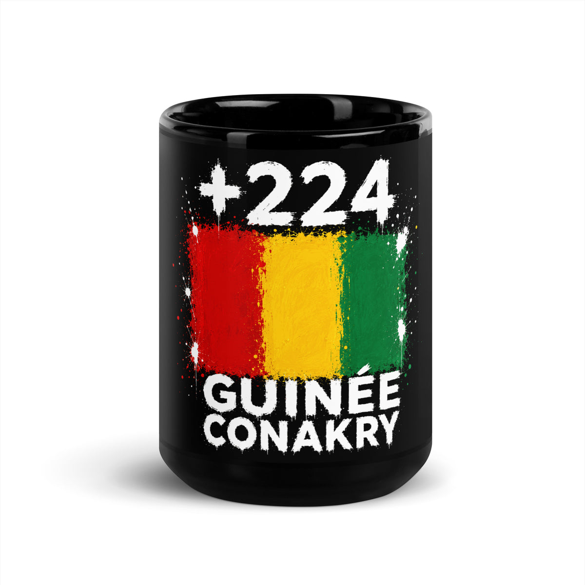 Mug Guinée Conakry +224 - Noir avec drapeau floqué effet éclaboussure de peinture - vue de face - Indicatif Fier