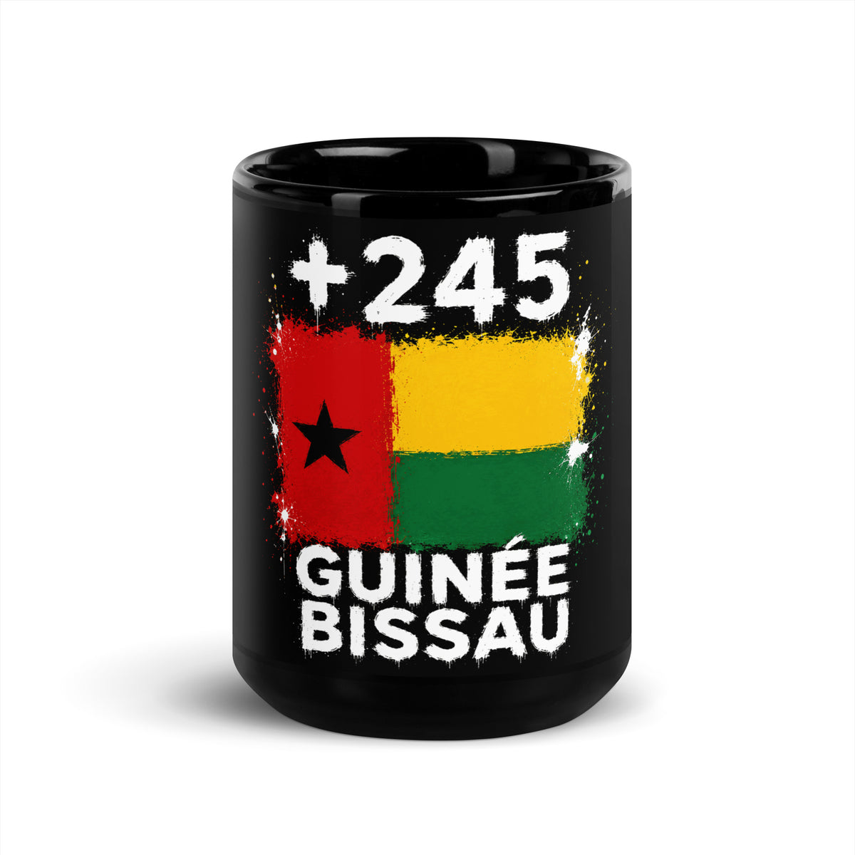 Mug Guinée-Bissau +245 - Noir avec drapeau floqué effet éclaboussure de peinture - vue de face - Indicatif Fier