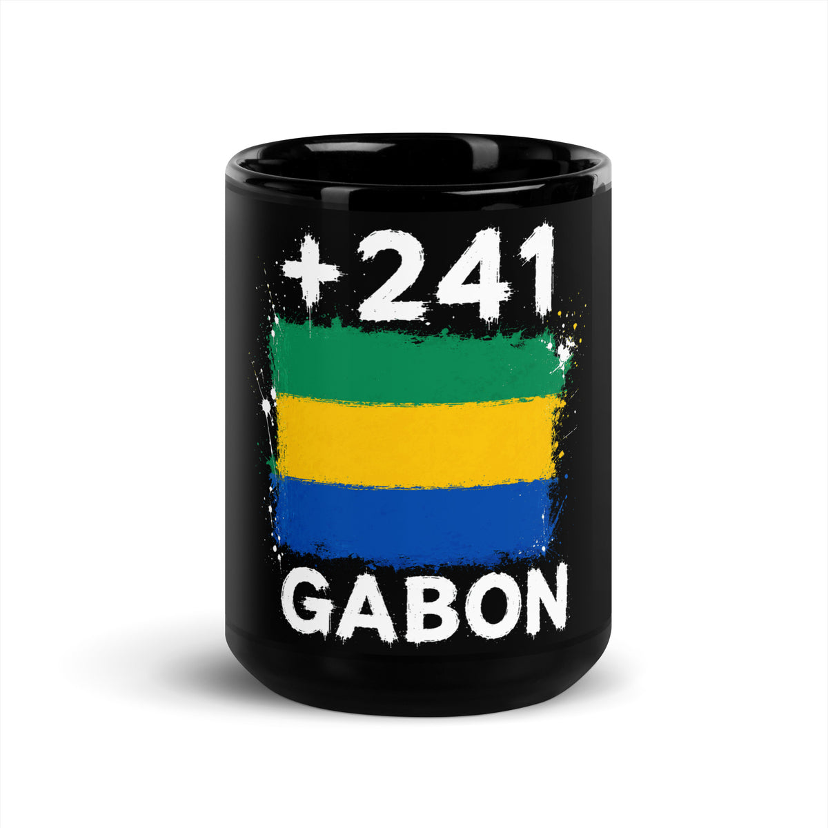 Mug Gabon +241 - Noir avec drapeau floqué effet éclaboussure de peinture - vue de face - Indicatif Fier