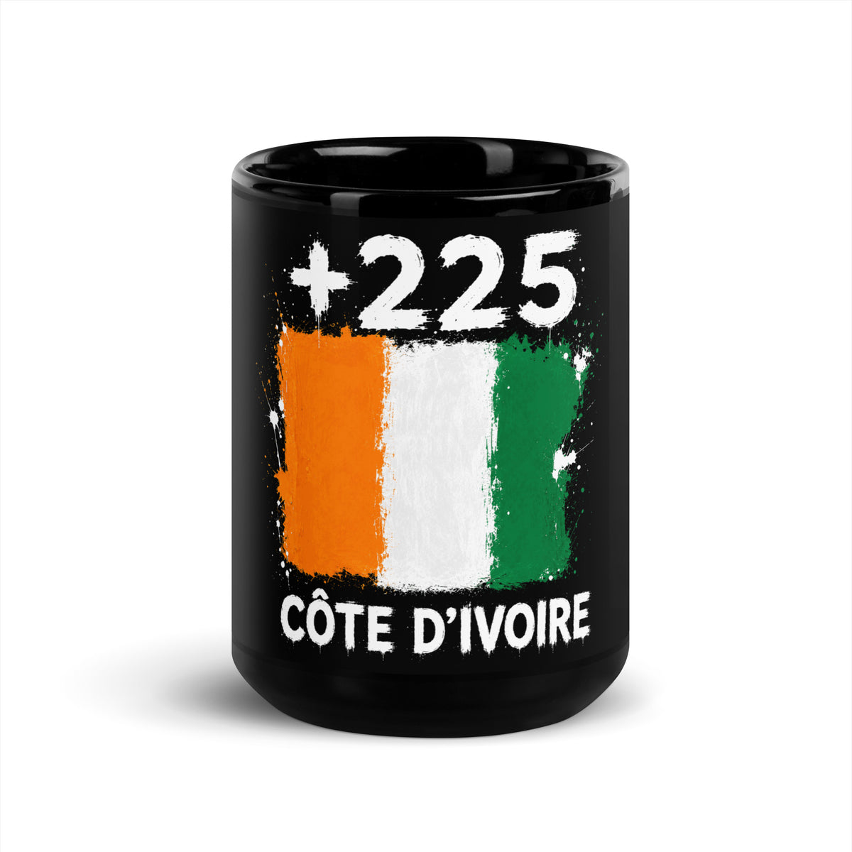Mug Côte d'Ivoire +225 - Noir avec drapeau floqué effet éclaboussure de peinture - vue de face - Indicatif Fier