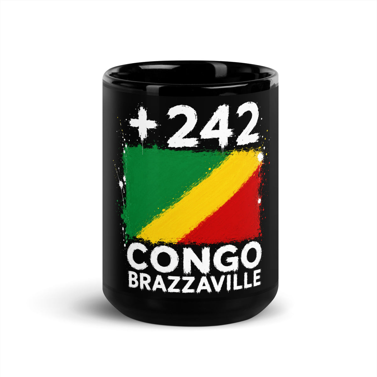Mug Congo Brazzaville +242 - Noir avec drapeau floqué effet éclaboussure de peinture - vue de face - Indicatif Fier