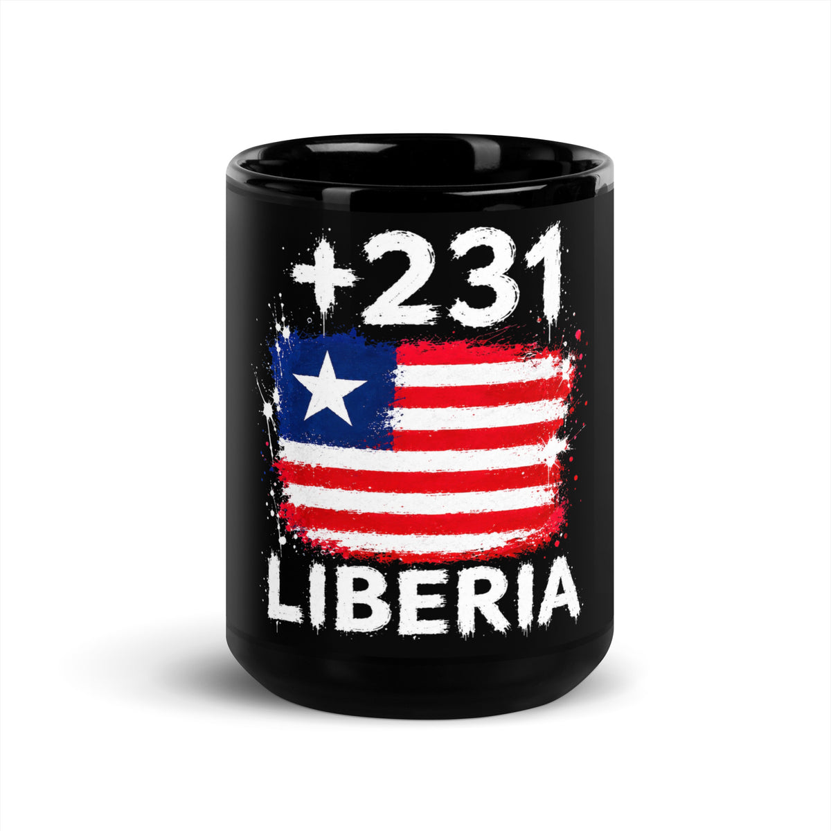 Mug Liberia +231 noir 15oz, design drapeau libérien de face