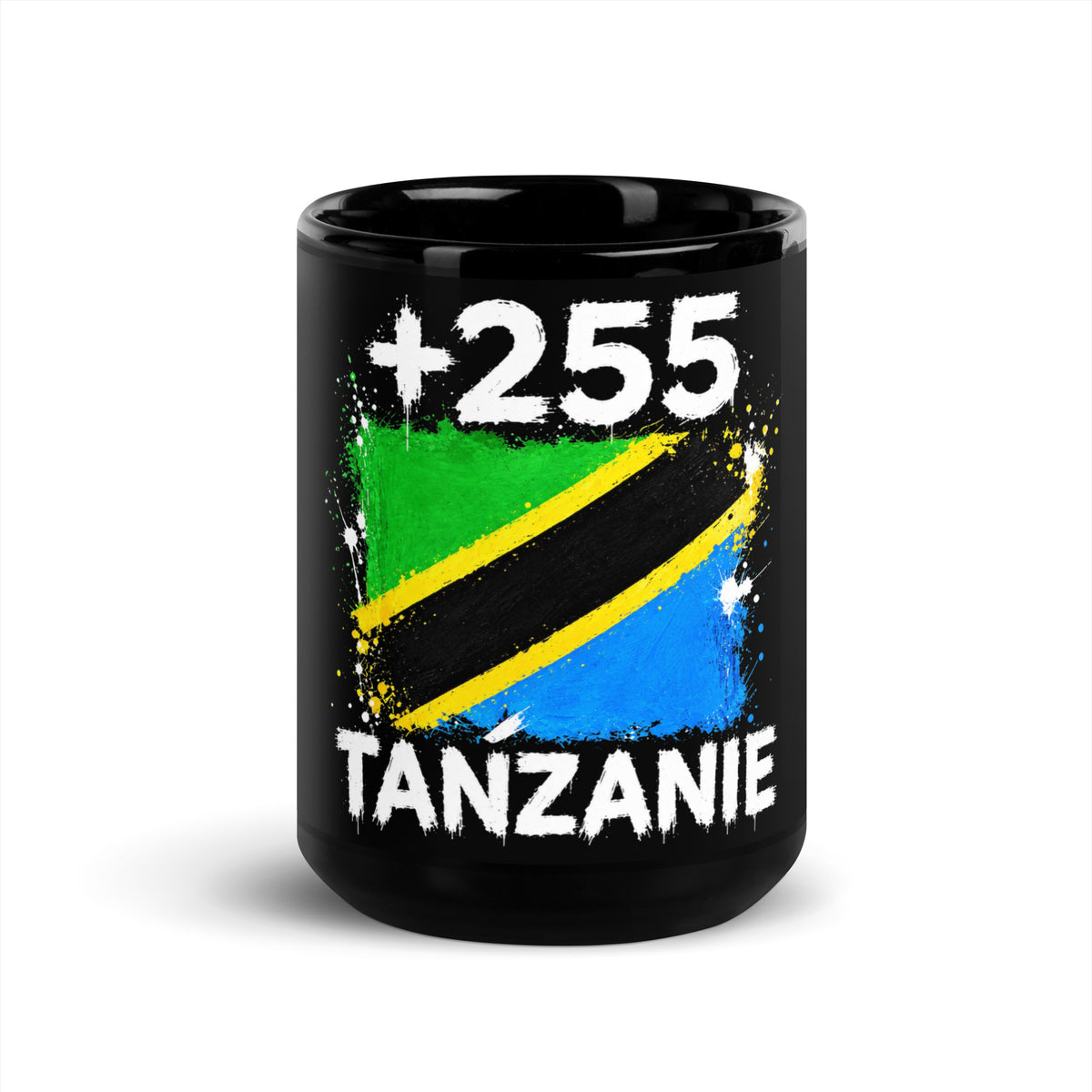 Mug Tanzanie +255 noir vue de face, design drapeau tanzanien