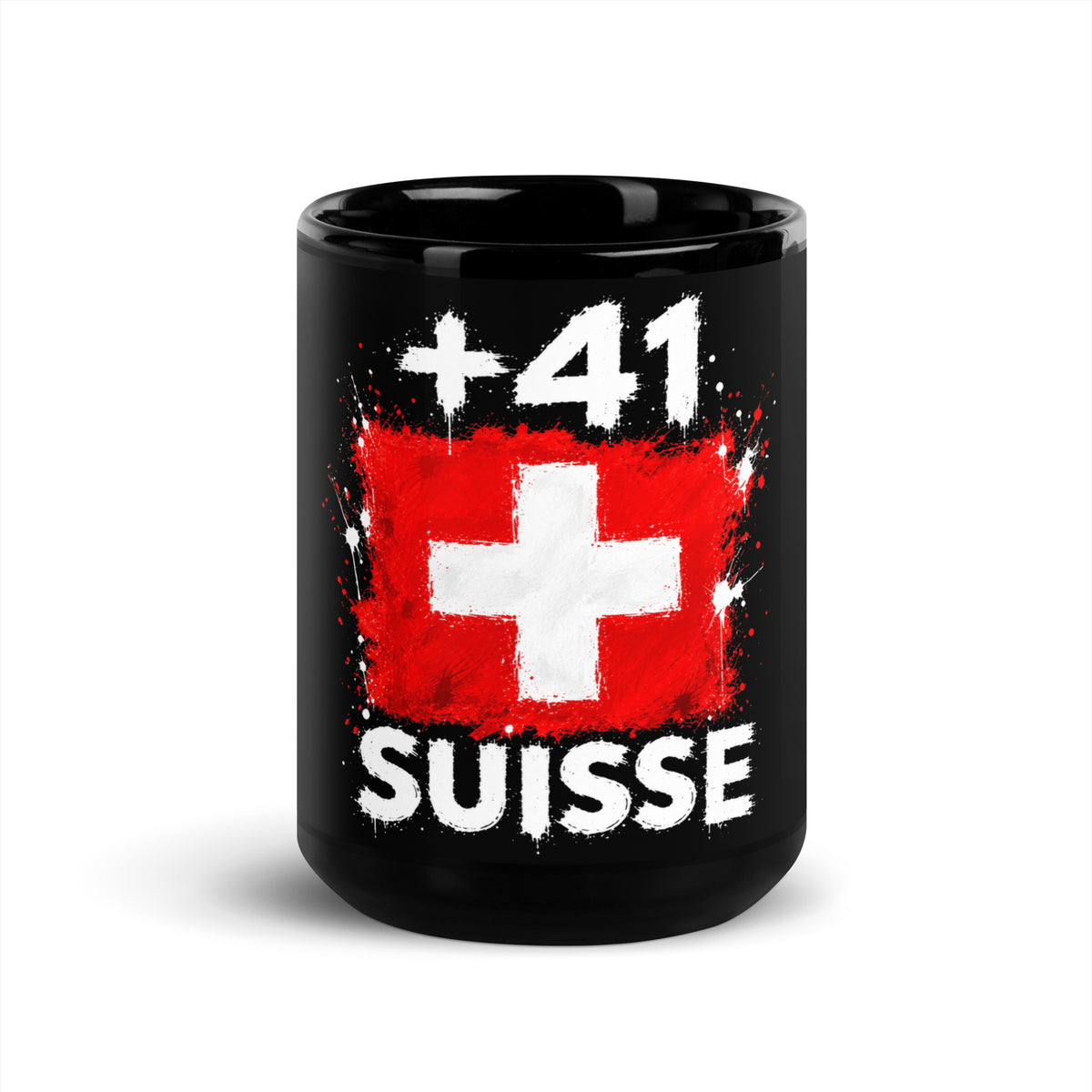 Mug Suisse +41 noir vue de face, design drapeau suisse