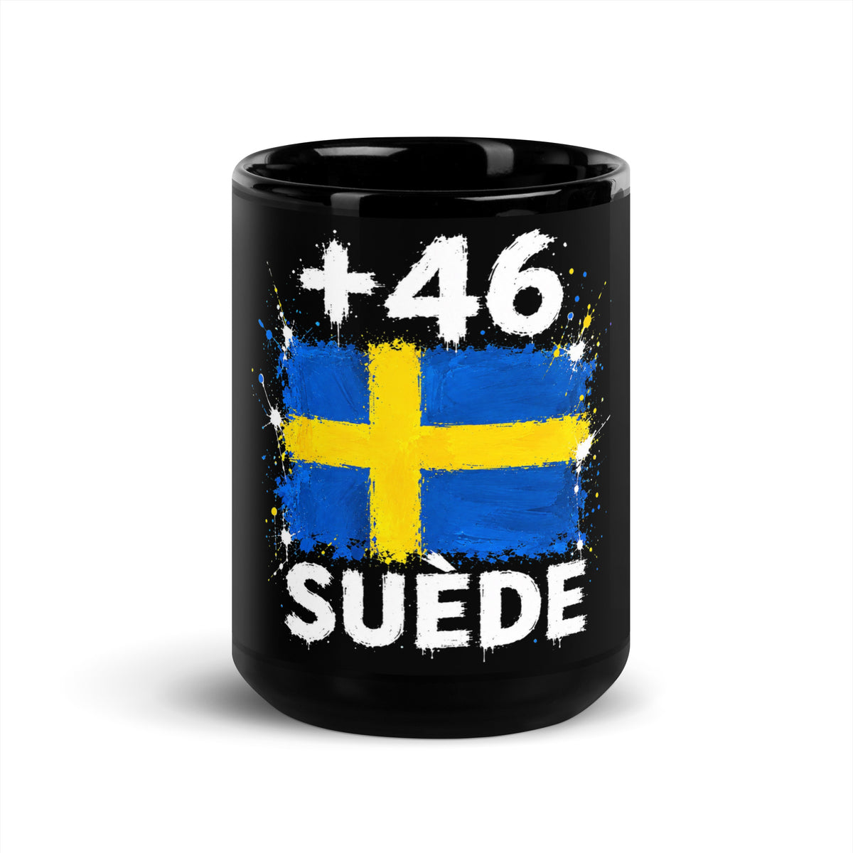 Mug Suède +46 - Noir avec drapeau floqué effet éclaboussure de peinture - vue de face - Indicatif Fier