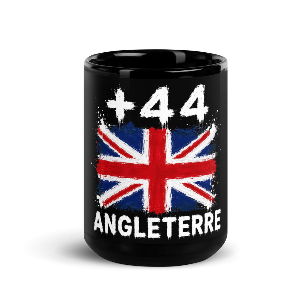 Mug Angleterre +44 - Noir avec drapeau floqué effet éclaboussure de peinture - vue de face - Indicatif Fier