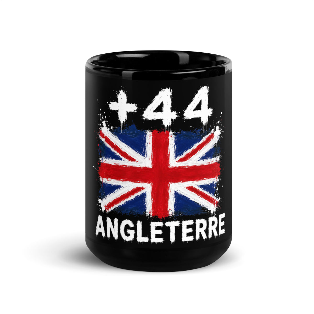 Mug Angleterre +44 - Noir avec drapeau floqué effet éclaboussure de peinture - vue de face - Indicatif Fier