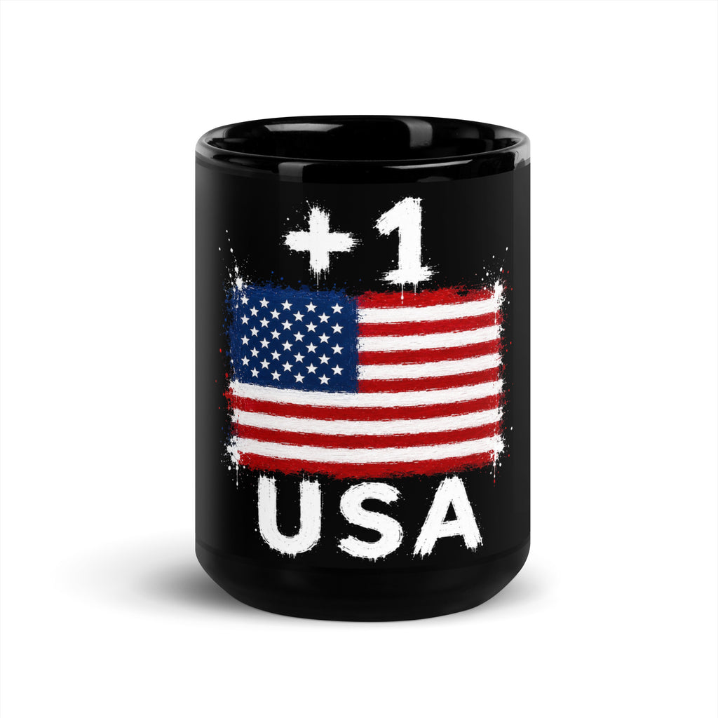 Mug USA +1 - Noir avec drapeau floqué effet éclaboussure de peinture - vue de face - Indicatif Fier