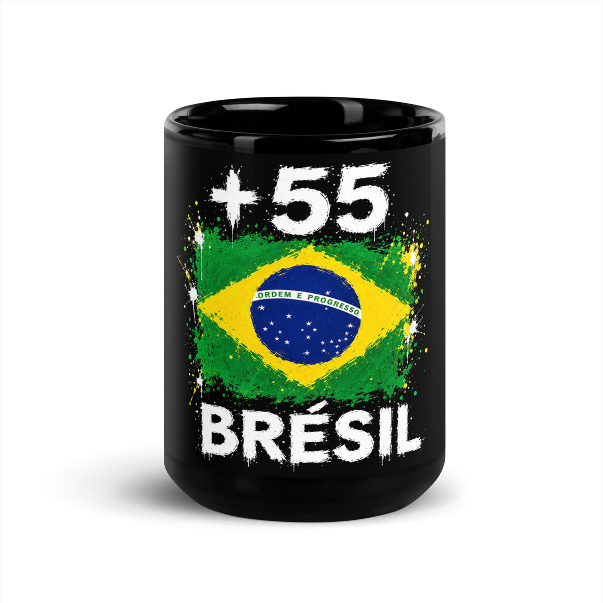 Mug Brésil +55 - Noir avec drapeau floqué effet éclaboussure de peinture - vue de face (15 oz) - Indicatif Fier