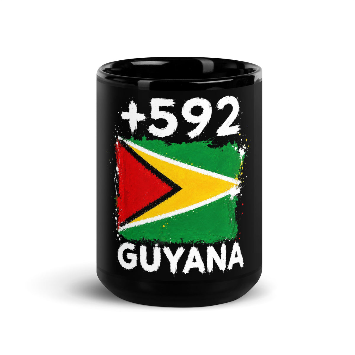 Mug Guyana +592 - Noir avec drapeau floqué effet éclaboussure de peinture - vue de face - Indicatif Fier (15 oz)