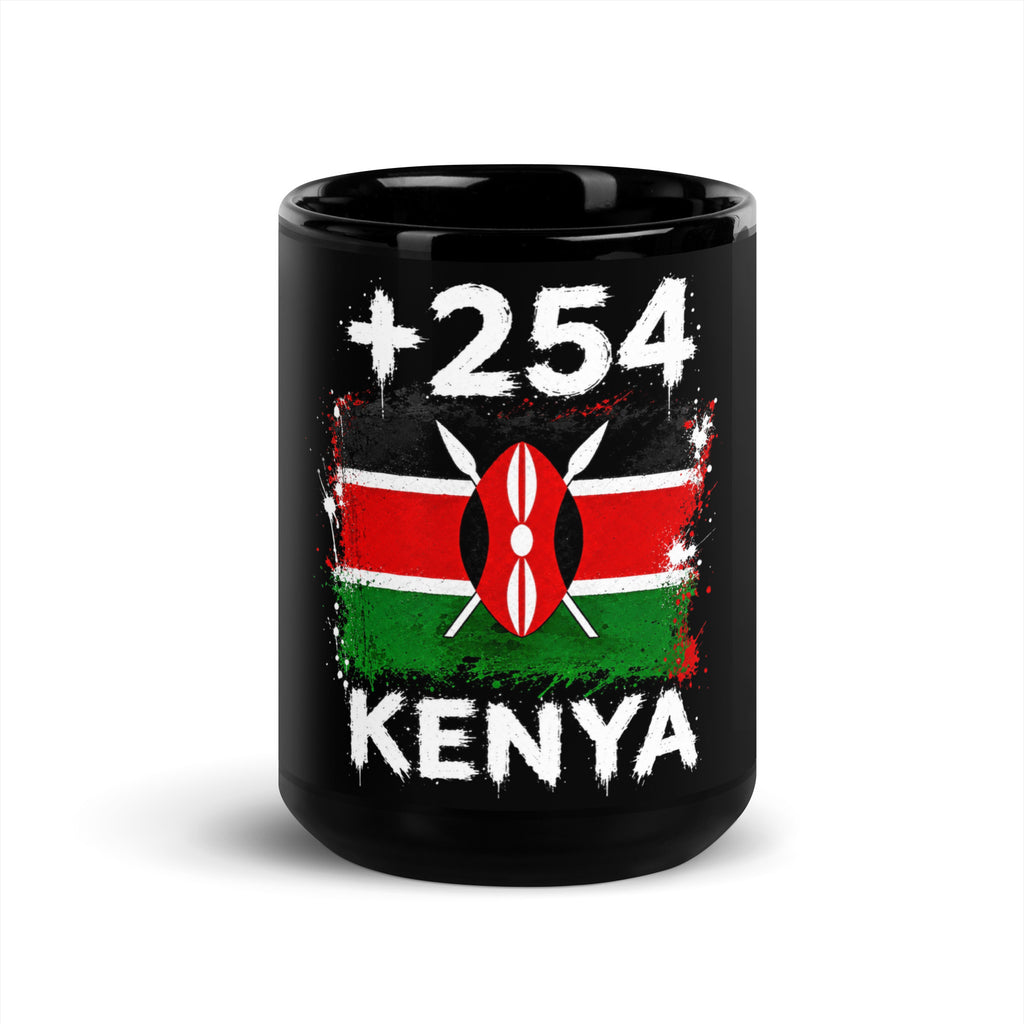 Mug Kenya +254 - Noir avec drapeau floqué effet éclaboussure de peinture - vue de face - Indicatif Fier (15 oz)