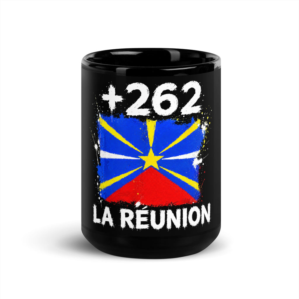Mug La Réunion +262 - Noir avec drapeau floqué effet éclaboussure de peinture - vue de face - Indicatif Fier (15 oz)