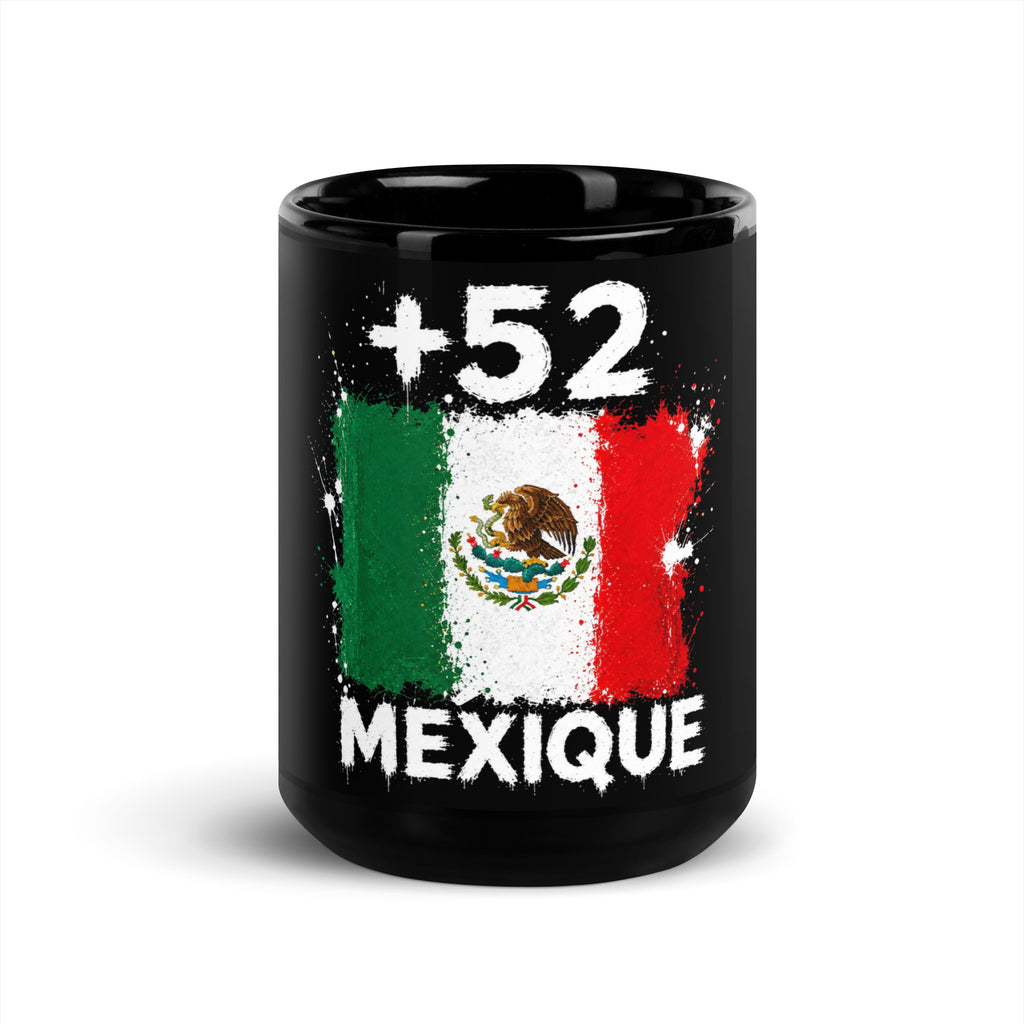 Mug Mexique +52 - Noir avec drapeau floqué effet éclaboussure de peinture - vue de face - Indicatif Fier (15 oz)