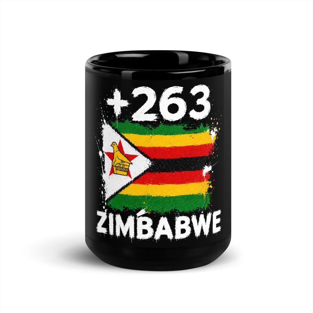 Mug Zimbabwe +263 - Noir avec drapeau floqué effet éclaboussure de peinture - vue de face - Indicatif Fier (15 oz)