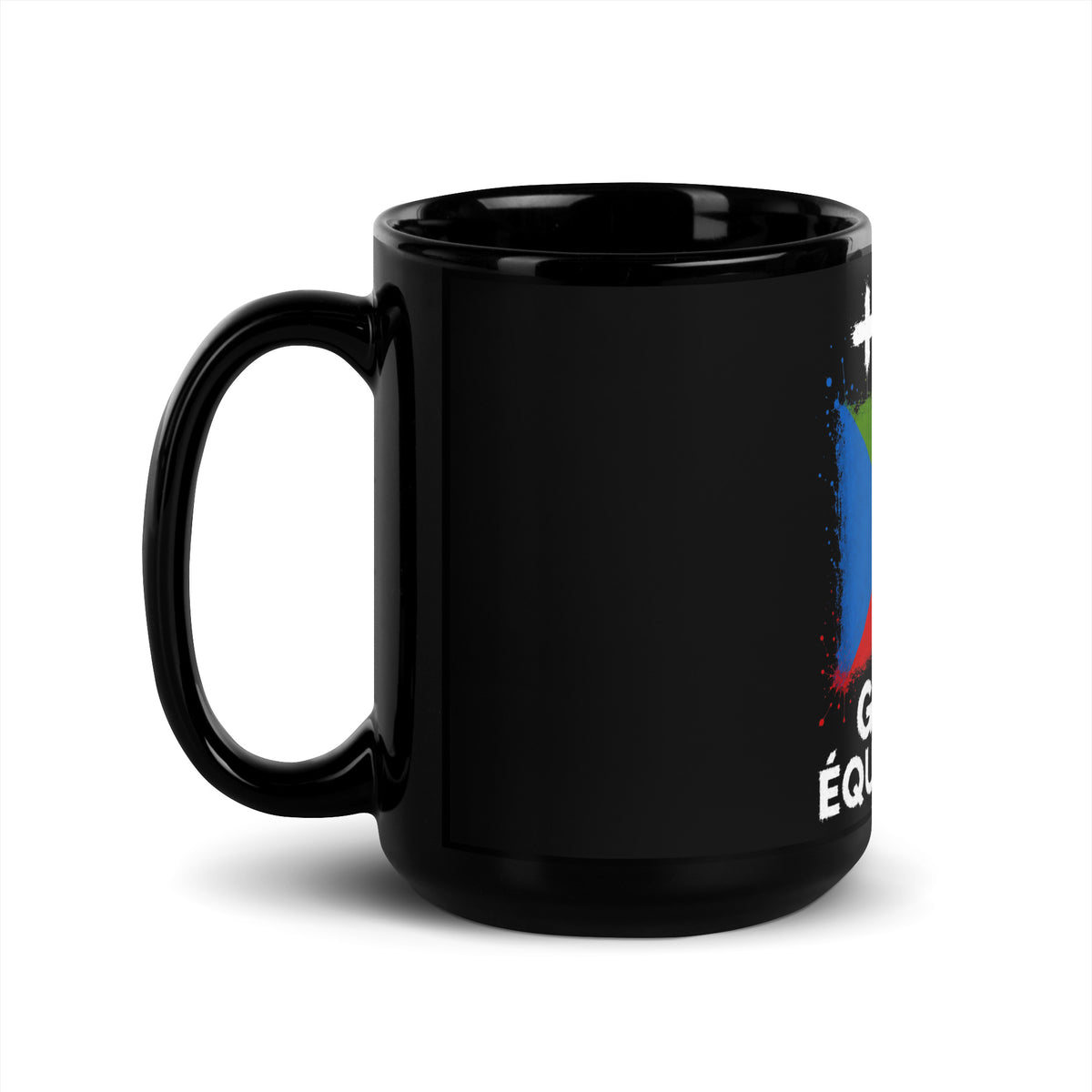 Mug Guinée Équatoriale +240 - Noir avec drapeau floqué effet éclaboussure de peinture - vue anse à gauche - Indicatif Fier