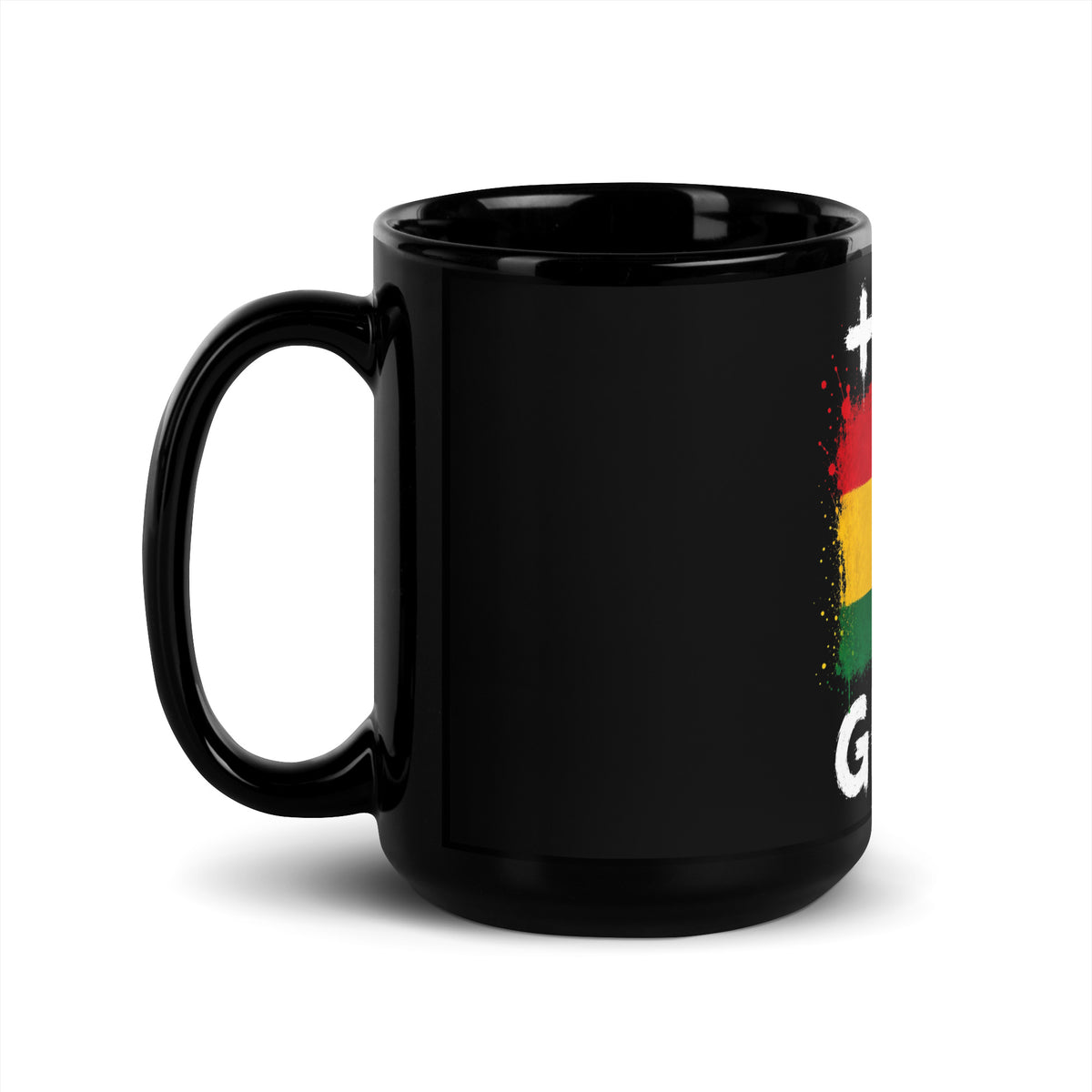 Mug Ghana +233 - Noir avec drapeau floqué effet éclaboussure de peinture - vue anse à gauche - Indicatif Fier