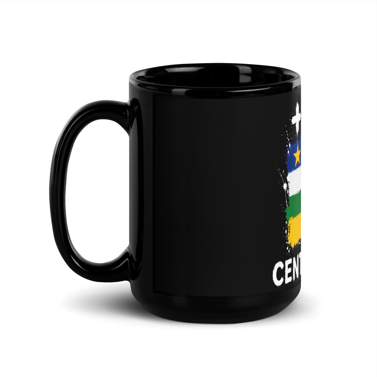 Mug Centrafrique +236 - Noir avec drapeau floqué effet éclaboussure de peinture - vue anse à gauche - Indicatif Fier