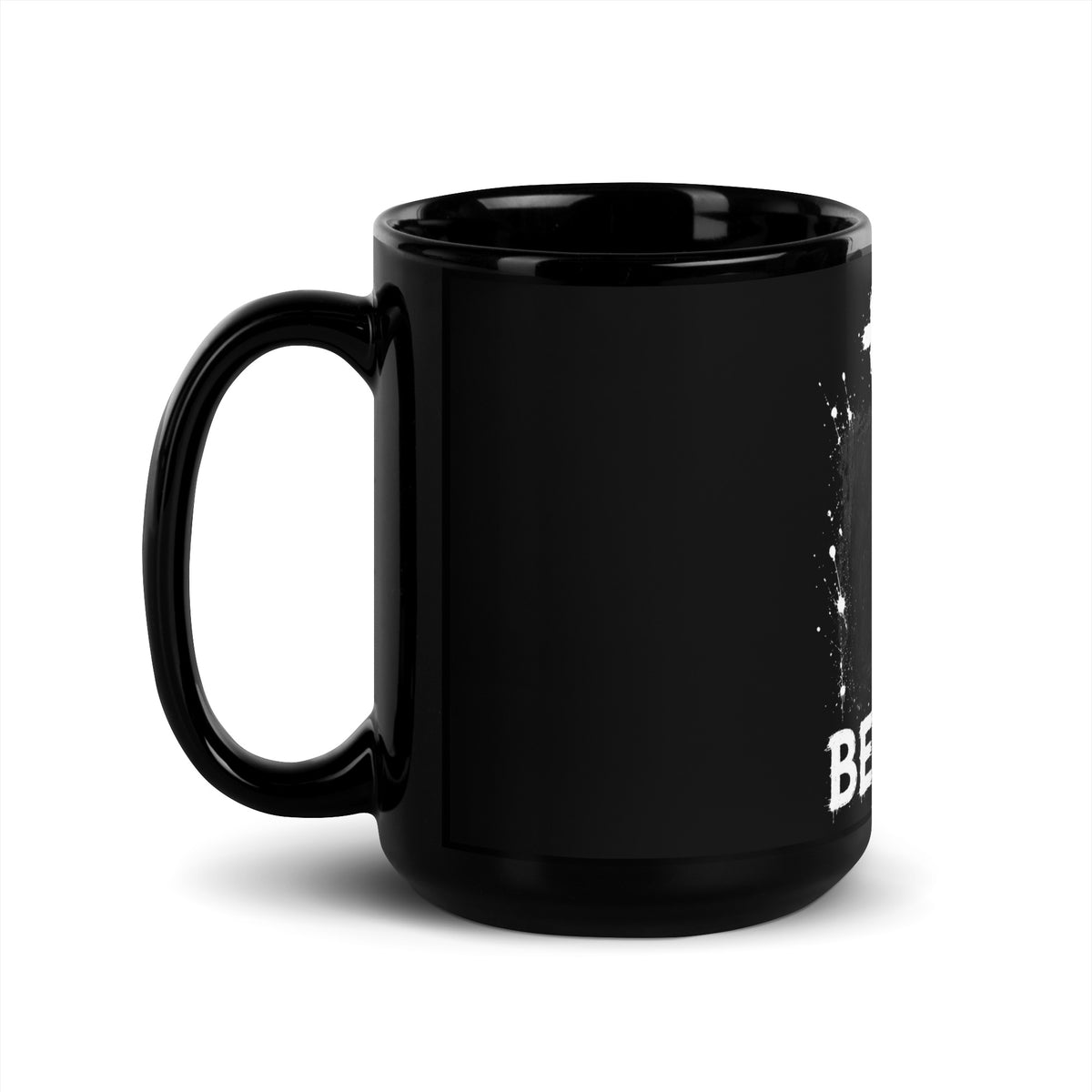 Mug Belgique +32 - Noir avec drapeau floqué effet éclaboussure de peinture - vue anse à gauche - Indicatif Fier