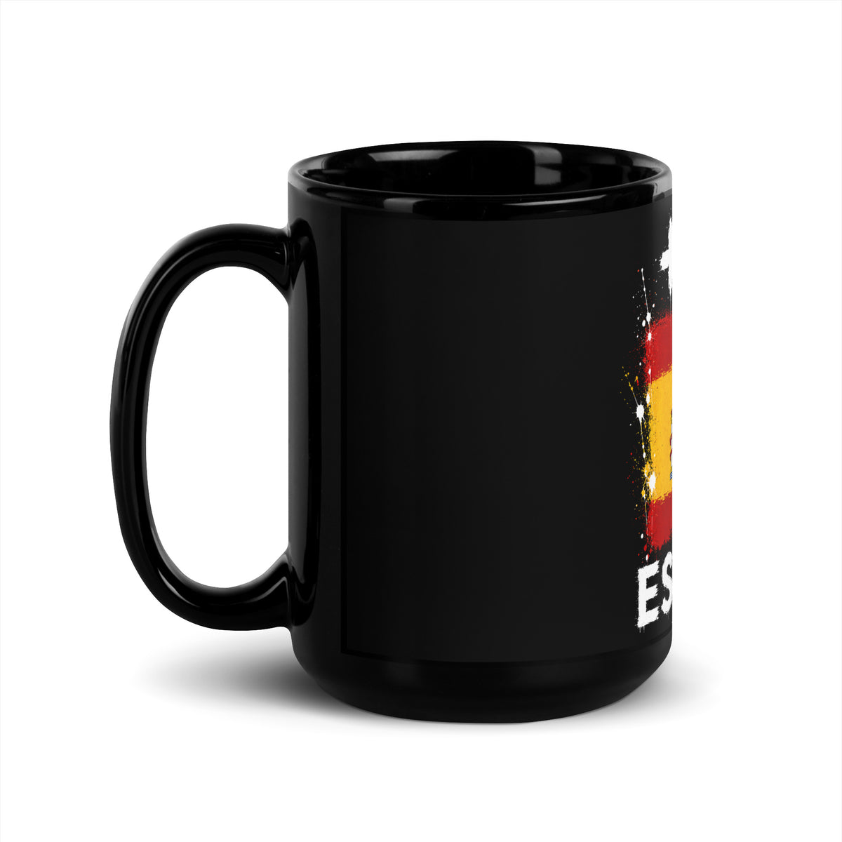 Mug Espagne +34 - Noir avec drapeau floqué effet éclaboussure de peinture - vue anse à gauche - Indicatif Fier