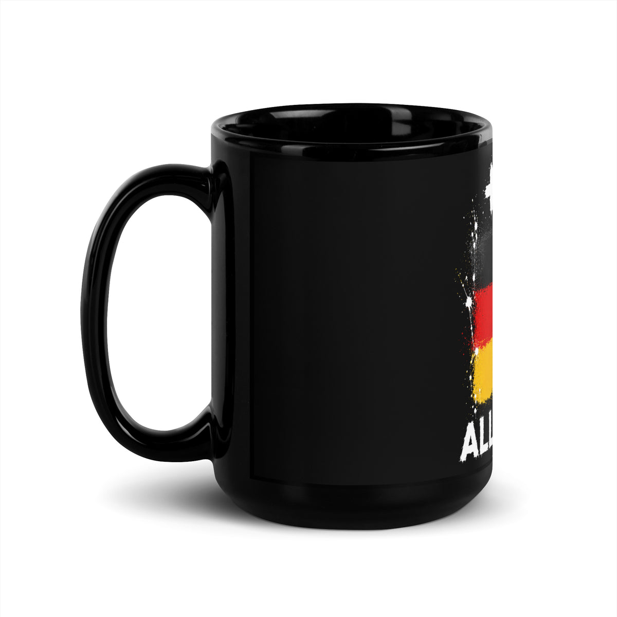 Mug Allemagne +49 - Noir avec drapeau floqué effet éclaboussure de peinture - vue anse à gauche - Indicatif Fier