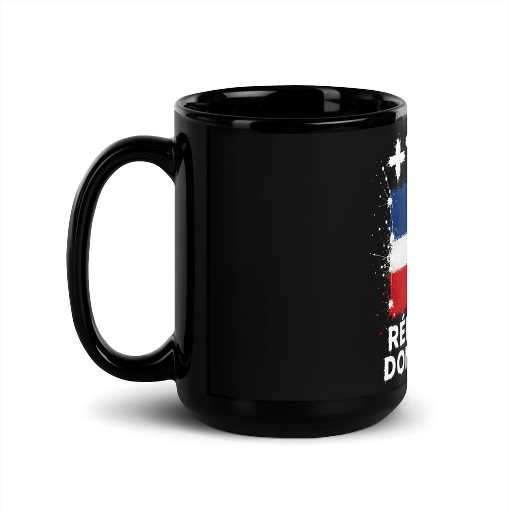 Mug République Dominicaine +1809 - Noir avec drapeau floqué effet éclaboussure de peinture - vue anse à gauche - Indicatif Fier