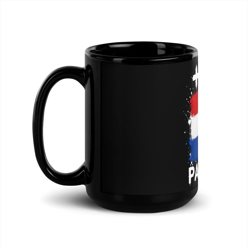 Mug Pays Bas +31 - Noir avec drapeau floqué effet éclaboussure de peinture - vue anse à gauche - Indicatif Fier