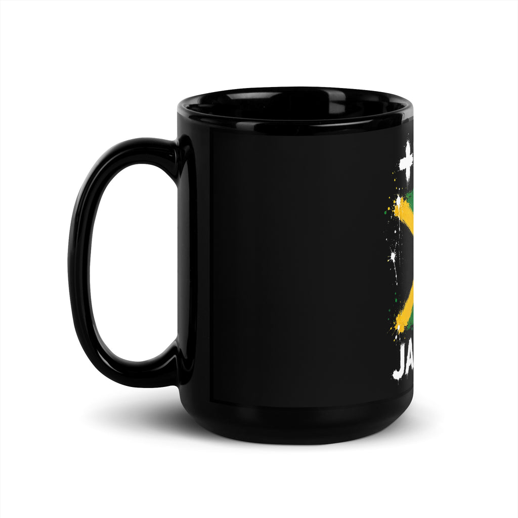 Mug Jamaïque +1876 - Noir avec drapeau floqué effet éclaboussure de peinture - vue anse à gauche - Indicatif Fier
